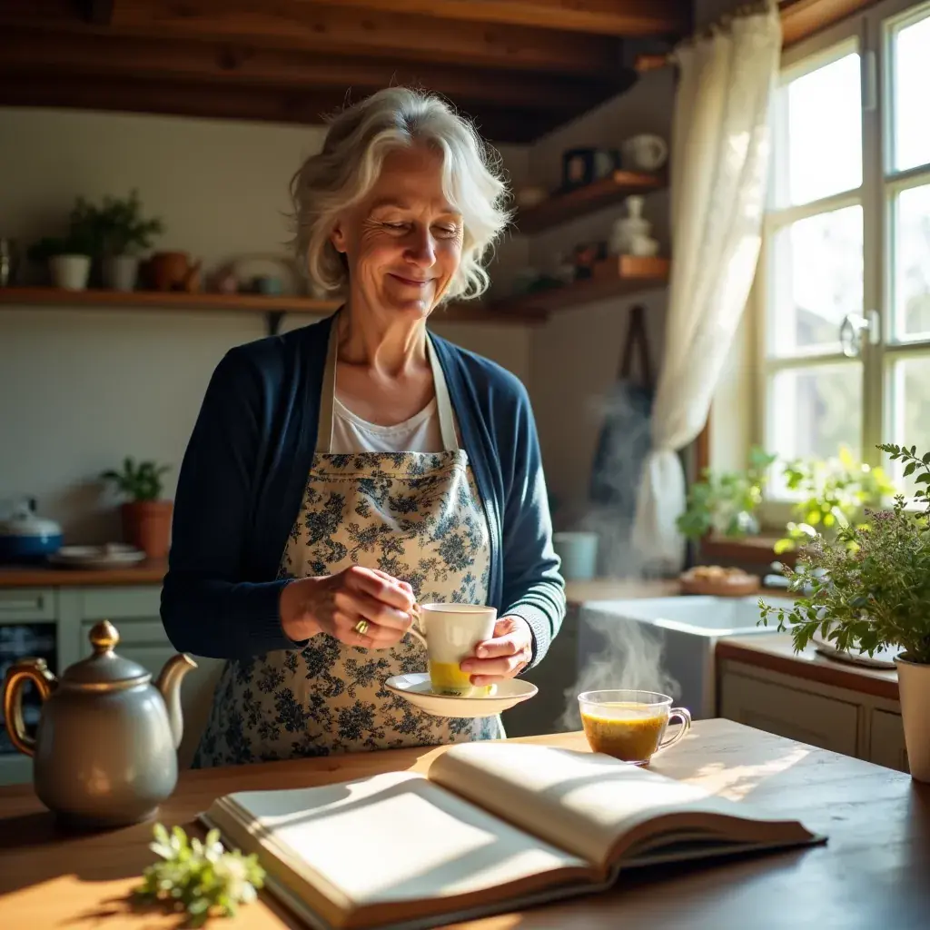 Tasse d'infusion fumante avec des herbes fraîches sur une table en bois.