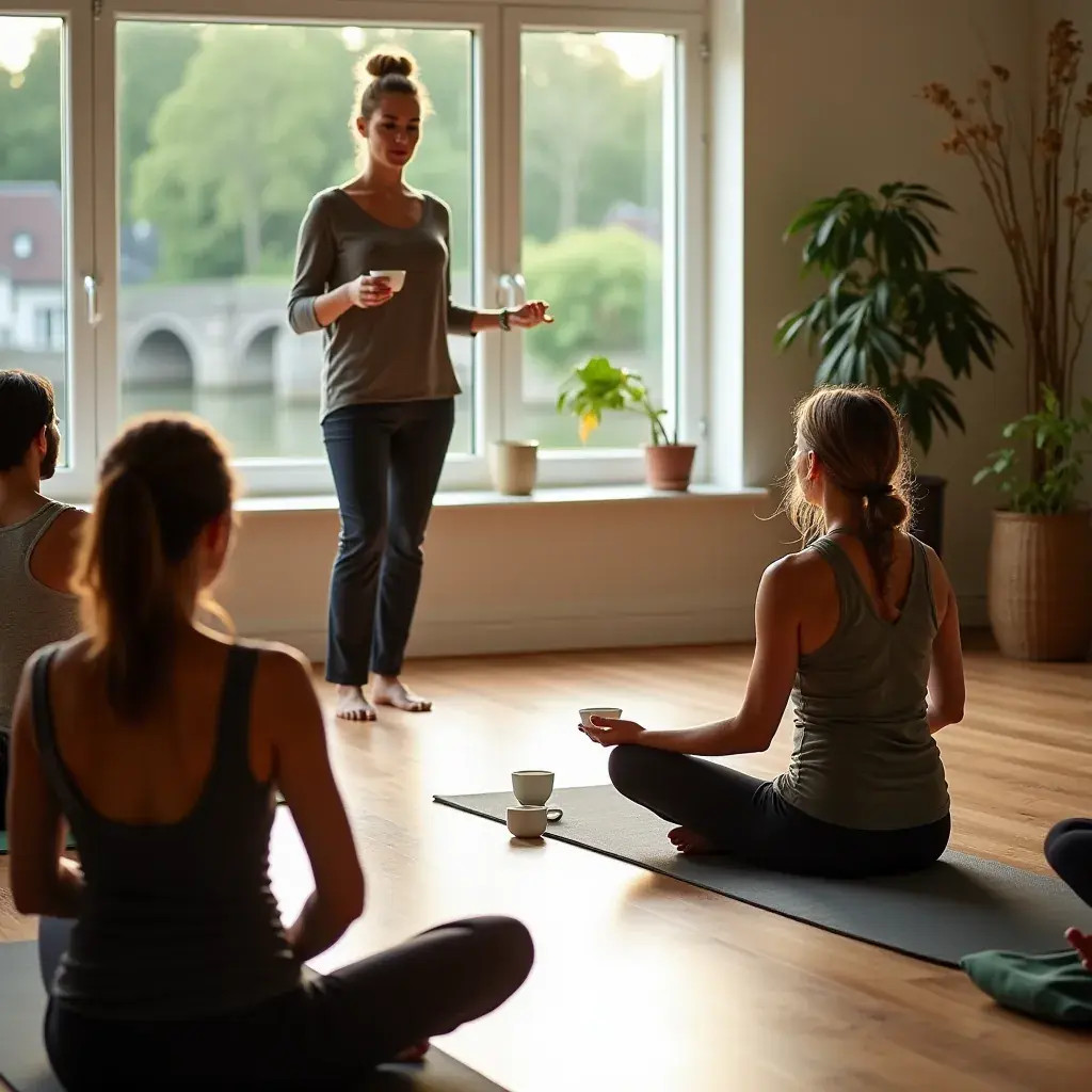 Infusion d'herbes entourée de fruits frais, soulignant un mode de vie sain.