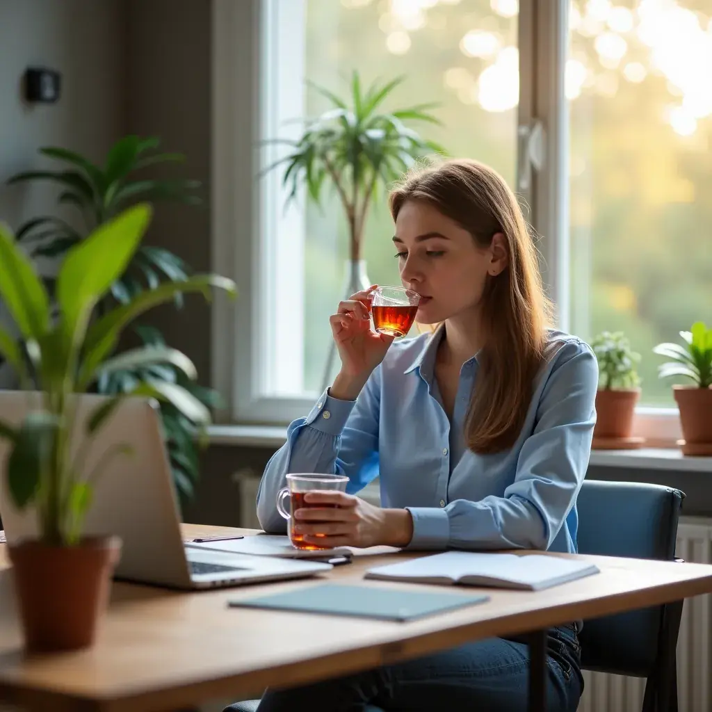 Infusion d'herbes servie dans une tasse artisanale, mettant en avant l'authenticité.